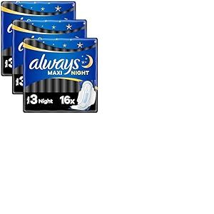 Always Maxi Serviettes Hygi&eacute;niques, Taille 3, Night, 16 Serviettes Avec Ailettes, Flux Tr&egrave;s Abondants Nuit, C&oelig;ur Ultra Absorbant et Barri&egrave;res Anti-Fuites (Lot de 3)