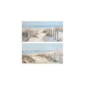 Lot de 2 tableaux sur toile naturelle d'une marine en blanc, beige et bleu 120 x 60 x 3 cm