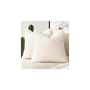 Foindtower Lot de 2 Housses de Coussin d&eacute;coratives en Fausse Fourrure de Mouton pour lit, canap&eacute;, Salon, 45,7 x 45,7 cm, Blanc