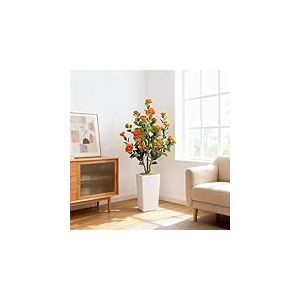 GarveeLife Cam&eacute;lia Artificiel avec Pot Blanc - 120 cm - Grand Arbre Artificiel en Pot avec Feuilles et Fleurs r&eacute;glables - D&eacute;coration d'int&eacute;rieur pour Maison, Mariage, f&ecirc;te, Jardin - Orange