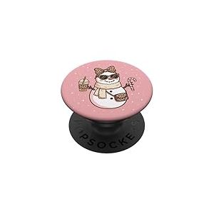 Bonhomme de Neige l&eacute;opard Confortable Tenant du caf&eacute; glac&eacute; et des Bonbons de No&euml;l PopSockets PopGrip Adh&eacute;sif