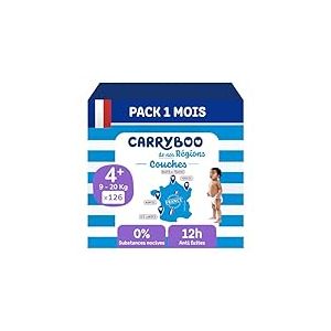 Carryboo - Couches Taille 4+ (9-20kg) - Saines et Ultra Absorbantes - 12h Anti Fuites - Sans substances indésirables - Fabriquées en France - Prix Accessible - 126 Couches Jetables - Pack 1 Mois