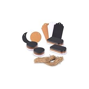 Florence &Eacute;tiquettes Cadeaux Rondes 300 pcs - en Papier Cartonn&eacute; Kraft, Noir et Blanc de 250 g/m&sup2; - avec Trou & Ficelles de Jute