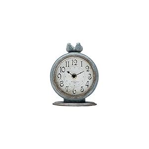 NIKKY HOME Horloge de Table Vintage Shabby Chic en étain Rond à Quartz avec 2 Oiseaux, 12,1 x 6,3 x 15,5 cm, Gris Ardoise