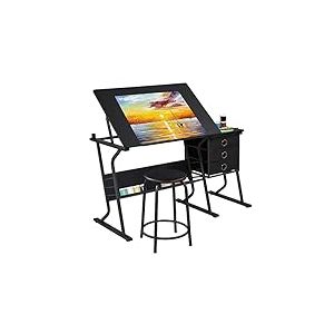 Yaheetech Table &agrave; Dessin Inclinable avec Tabouret et 3 Tiroirs Plateau R&eacute;glable 0&deg; &agrave; 40&deg; Bureau pour Dessinateur Architecte Peintre Ing&eacute;nieur, Moderne, Noir