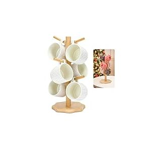 Euqvunn Porte-Gobelet &agrave; Caf&eacute; avec 6 Crochets, Arbre Porte-Gobelet, Porte-Tasses Bois Arbre Tasse &agrave; Caf&eacute; avec Base &Eacute;paissie, Support de Tasse Mug, Support &agrave; Bretzel, Arbre &agrave; Tasse Bois(couleur du bois)