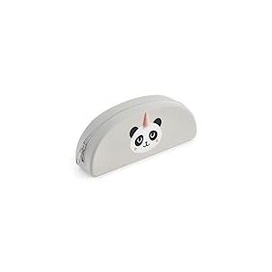 Back2Fun - Trousse ovale panda, Étui un compartiment, Taille 195 x 80 x 42 mm, Trousse en silicone, Fermeture éclair, Papeterie mignonne, Couleur grise