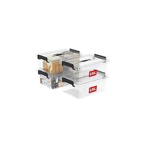 Cetomo 15L*4 Boîte de Rangement, Bac de rangement avec Poignée, Plastique Organisateur avec Couvercle, Empilable, Transportable, pour Vêtements, Bureau, Chambre, Dortoirs, Transparent, 15L - Lot de 4