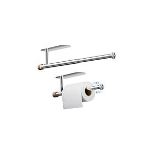 Zivacate porte essuie-tout extensible, [Accents esthétiques en bois] porte-rouleau de papier toilette auto-adhésif/perçage, support mural pour essuie-tout, porte-serviettes en papier(Argent métallisé)