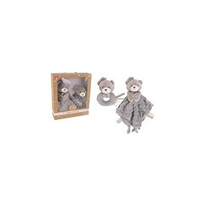 DODO D'AMOUR - Coffret Cadeau Doudou et Hochet - Ours - 053021 - Gris - Alvéolée - Cadeau Naissance - Peluche - Bébé - Doux - Lavable en Machine - Design Français - À Partir de 0 Mois