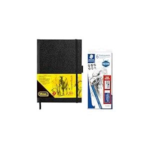 Idena 90348 Carnet de croquis format A5 avec 160 pages blanches avec kit de croquis STAEDTLER avec 6 crayons &agrave; dessin, taille-crayon et gomme