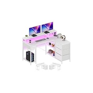 YITAHOME Bureau d'angle réversible en Forme de L avec Port de Charge USB et Prise, avec 4 tiroirs et étagère, Bureau de Jeu avec Support d'écran, 140 x 100 cm, Blanc