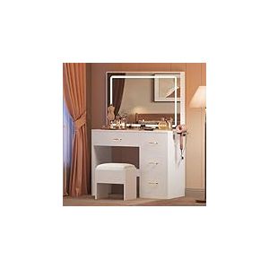 YITAHOME Coiffeuse avec éclairage LED réglable et Prises, Coiffeuse avec 4 tiroirs et Tabouret, Blanche (Table de Maquillage, Table de Maquillage, Vanity Table)