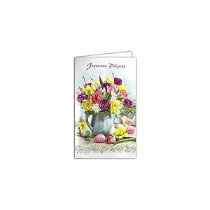 12-6015 Carte Joyeuses Pâques Fille Femme Bouquet Fleurs Printemps Tulipe Jonquille Narcisse Oiseau Livré avec Enveloppe Format 12x19,5cm Papier écolabel FSC Gestion Durable Forêts Fabriqué en Europe