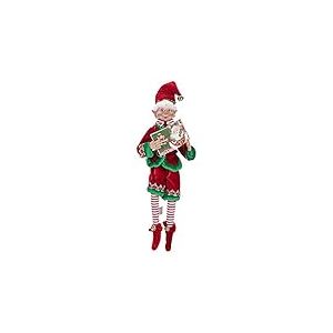 RAZ Imports Elfe de Noël articulé, 40,6 cm de Haut, Tenue en Velours Rouge et Vert avec Livre du Père Noël, Collection de Vacances 2019 des Jeux de Rennes