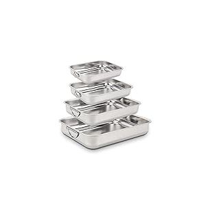 ROSSETTO Set de 4 Tailles Plat à four Inox Rectangulaire avec Poignées Plat de cuisson en Acier Inoxydable Bac de Cuisson en INOX Plat à Lasagne