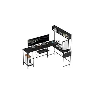 HOMCOM Bureau d'angle modulable réversible, Bureau avec Rangement 160-240 cm Style Industriel - Prise et Port USB, étagères de Rangement et Plateau Clavier, Bureau d'ordinateur pour 2 Personnes, Noir