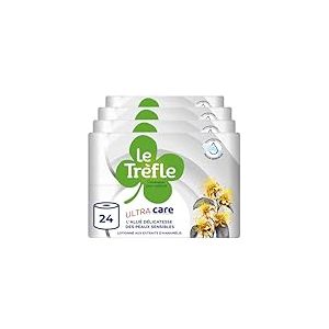Le Tr&egrave;fle Ultra Care Papier Toilette 4 &Eacute;paisseurs &ndash; 24 Rouleaux, 115 Feuilles par Rouleau, Enrichi en Lotion aux Extraits d&rsquo;Hamam&eacute;lis, Test&eacute; Dermatologiquement pour Peaux Sensibles, Blanc