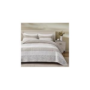 Chezmoi Collection Robyn Parure de lit 3 pièces avec Courtepointe rayée en Patchwork Floral Hibiscus Neutre Gris Taupe Blanc – Couvre-lit réversible léger pour très Grand lit