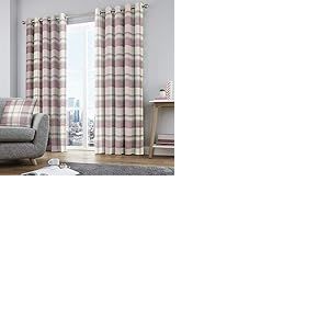 Fusion Balmoral Check Tartan 168 x 137 cm-100% Coton-2 Panneaux Carreaux &oelig;illets Gris &agrave; Motif &eacute;cossais-Rideaux Blush pour Salon et Chambre &agrave; Coucher, Rose Poudr&eacute;, 168 x 183cm