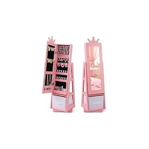 FANTASK Armoire &agrave; bijoux 3 en 1 pour enfants - Pivote &agrave; 360&deg; - Avec miroir pleine longueur et panier de rangement - &Eacute;tag&egrave;re &agrave; bijoux - Miroir de maquillage en forme de couronne - Pour enfants &agrave; partir