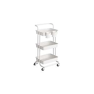 SONGMICS Chariot de Rangement, 3 Niveaux, Desserte sur roulettes, &Eacute;tag&egrave;re, Poign&eacute;e, 2 Pots, 2 Freins, Paniers en Plastique, Montage Facile, Chambre, Cuisine, Blanc BSC067W01