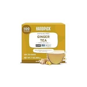 HANDPICK Thé aux Herbes au Gingembre | 100 Sachets Ronds Écoresponsables | Sans Caféine & Non-OGM | Racine de Gingembre Pure | Saveur Douce et Épicée | Scellé Sous Vide pour la Fraîcheur