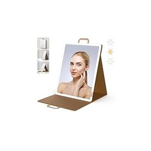 WEILY Miroir Maquillage Lumineux, Grand Portable Miroir Pliable, Miroir Coiffeuse à 3 Lumières de Couleur, 2000mAh USB Rechargeable, Miroir en Cuir PU pour Bureau de Maquillage (41x51CM)