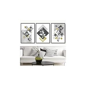 Artze Wall Art Ensemble de 3 pièces avec imprimé floral géométrique abstrait - Gris/jaune moutarde - 30 x 40 cm