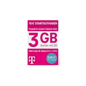 Telekom MagentaMobil Carte SIM prépayée M sans contrat, 5G avec I + 3 Go & Allnet Flat (Min, SMS) dans Tous Les réseaux et itinérance européenne I 10 EUR de crédit de départ