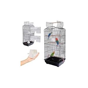BAKAJI Cage volière pour Oiseaux, perroquets inséparables, perruches, volatiles, en métal avec Toit ouvrant et mangeoires, perroquets en Bois, Cage avec bac Amovible pour Nettoyage Facile
