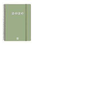 Finocam Basics My Agenda &agrave; spirale 2026 semainier horizontal de janvier &agrave; d&eacute;cembre (12 mois) avec &eacute;lastique et couverture rigide &agrave; spirale Basics My Vert catalan