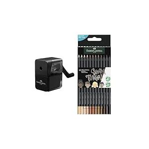 Faber-Castell 180984 - Taille-crayon avec manivelle, noir, taille-crayon de qualité supérieure & 116414 - Crayons de couleur couleur chair Black Edition, étui carton de 12 pièces