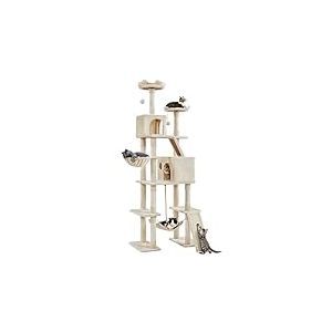 Yaheetech Arbre &agrave; Chat G&eacute;ant Hauteur 209 cm Multiniveau avec Poteaux en Sisal Arbre pour Chat en Bois avec Griffoirs 2 Perchoirs Design Mignon 2 Grandes Niches Panier Hamac 2 Boules Beige