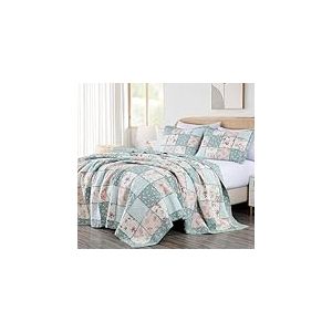 Chezmoi Collection Abbi Parure de lit 3 pièces en Coton prélavé Style Shabby Chic pour très Grand lit, Couvre-lit Floral à Volants Patchwork pour très Grand lit