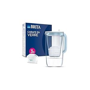 BRITA Carafe en verre bleue (2,5L) inclus 3 cartouches filtrantes BRITA MAXTRA PRO All-in-1 - réduit le tartre, le chlore, certaines impuretés et certains métaux