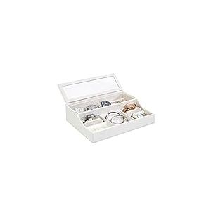 Relaxdays Présentoir à montres boîte à bijoux coffret rangement fenêtre HxlxP: 7 x 28 x 21 cm, blanc