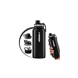 Wessper Bouteille d'eau en Acier Inoxydable sans BPA, Bouteille Isotherme pour l'eau 1 Litre, le Café et le Thé avec 3 Couvercles, Thermos pour le Sport, la Gym, le Vélo, le Plein Air – Noir