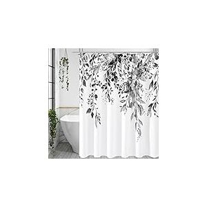 Gibelle Rideau de Douche en Eucalyptus Noir et Blanc, Motif Feuilles d'aquarelle Grises avec Fleurs, Ensemble de Rideau de Douche avec Crochets, 183 x 183 cm