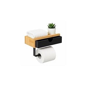 Relaxdays Porte-Rouleau Papier Toilette en Bambou et m&eacute;tal avec &eacute;tag&egrave;re pour Smartphone, cl&eacute;s, 18,5x10x13 cm, Noir/Natur
