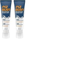 Piz Buin Crème solaire de montagne et soin des lèvres au LSF 50+, protection solaire spécialement pour le ski et la randonnée, contre le vent et le froid, 20ml et 2,3ml (Lot de 2)