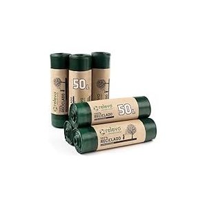 Relevo Sacs Poubelle Verts avec Liens Coulissants &ndash; 50L (Largeur 70 cm x Hauteur 75 cm), 60 Sacs (6 Rouleaux &times; 10 Sacs) | Sacs Poubelle Extra R&eacute;sistants | 100% PEBD Recycl&eacute; | Certifi&eacute; Blue Angel
