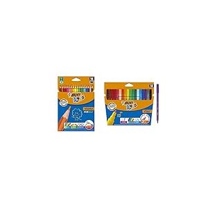 BIC Kids Evolution ECOlutions Crayons de Couleur - Etui Carton de 18 Kids Ecriture Visa Feutres de Coloriage à Pointe Fine - Encre A Base D'eau - Couleurs Assorties, Etui Carton de 18