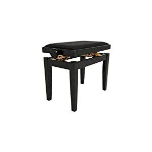 Juan Miguel Navarrez Banc de Piano Élégance Noir Brillant - Bois Massif - Réglable en Hauteur grâce à Un mécanisme à Ciseaux - Revêtement de siège en Velours Noir