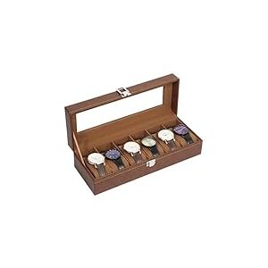 Uten Boîte à Montres 6 Compartiments, Coffret à Montres en PU, Couvercle en Verre, Coffret de Rangement pour Montres, Doublure en Velours Marron, Idée Cadeau