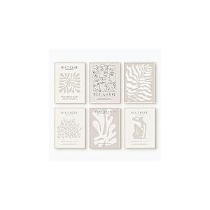 Henri Matisse Lot de 6 impressions sur toile abstraites avec fleurs beiges et esthétiques - Décoration murale - Poster de Matisse Picasso - Peinture vintage pour chambre à coucher - 20,3 x 25,4 cm -