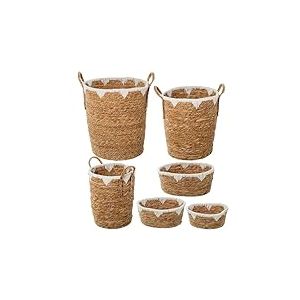 Lot de 6 paniers en herbe de mer et coton naturel et blanc Ø40 x 47 + Ø34 x 42 + Ø28 x 37 + 34 x 25 x 16 cm