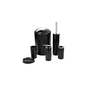 Ensemble d'accessoires de Salle de Bain - 6 pièces - Noir - avec Poubelle, Brosse WC, Distributeur de Savon, Porte-Brosse à Dents, gobelet et Porte-Savon - Plastique Durable - Design Moderne pour la