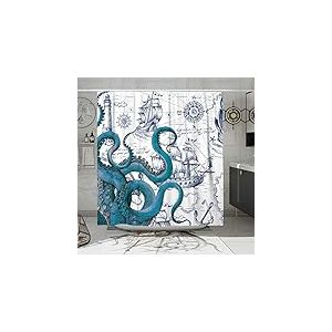 DESIHOM Ensemble de Rideaux de Douche en Polyester Motif Pieuvre Nautique, drôle de Kraken pour Salle de Bain, Plage, Pirate, Carte de Pirate côtière, 183 x 183 cm