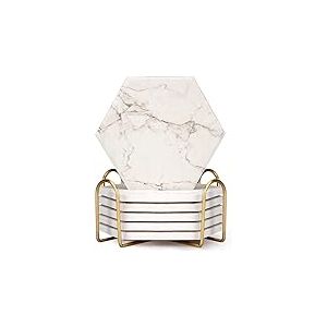 Lot de 6 sous-Verres absorbants en marbre avec Support pour Boissons, bière, Dessous de Verre Modernes en céramique Blanche